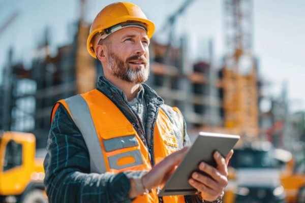 Pracownik budowlany z tabletem na budowie