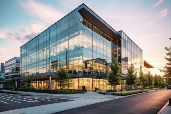 Przeszklona fasada budynku komercyjnego